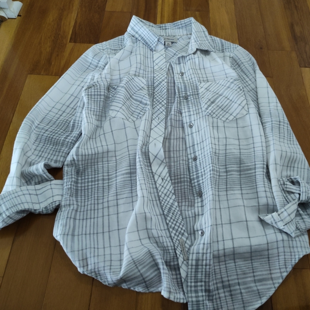 White and Gray Casual Button Down Shirt with Plaid Pattern Calvin Klein